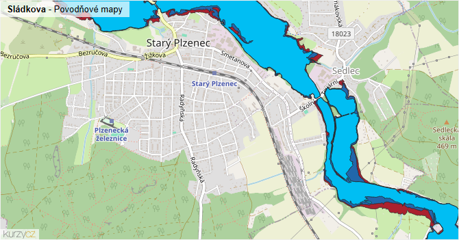 Sládkova - záplavové mapy stoleté vody