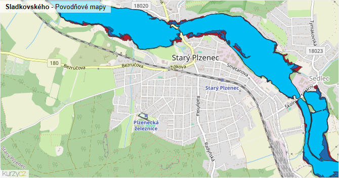 Sladkovského - záplavové mapy stoleté vody