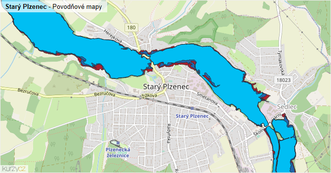 Starý Plzenec - záplavové mapy stoleté vody