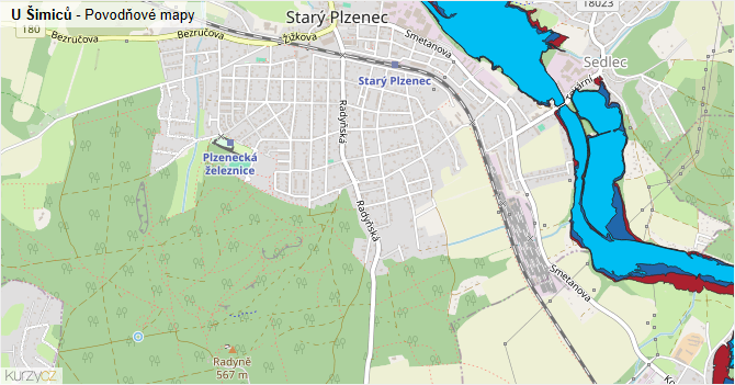 U Šimiců - záplavové mapy stoleté vody