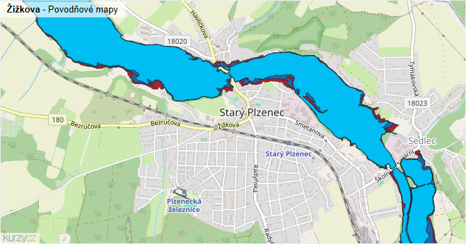 Žižkova - záplavové mapy stoleté vody