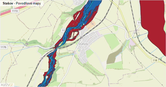 Stašov - záplavové mapy stoleté vody