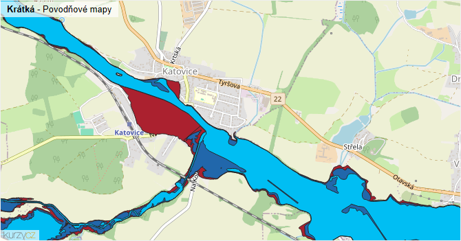 Krátká - záplavové mapy stoleté vody