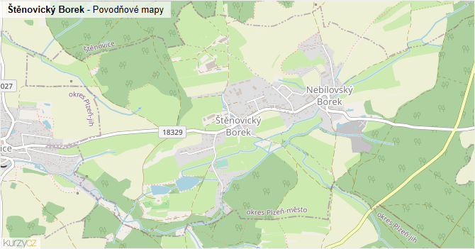 Štěnovický Borek - záplavové mapy stoleté vody