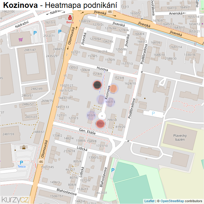 Mapa Kozinova - Firmy v ulici.
