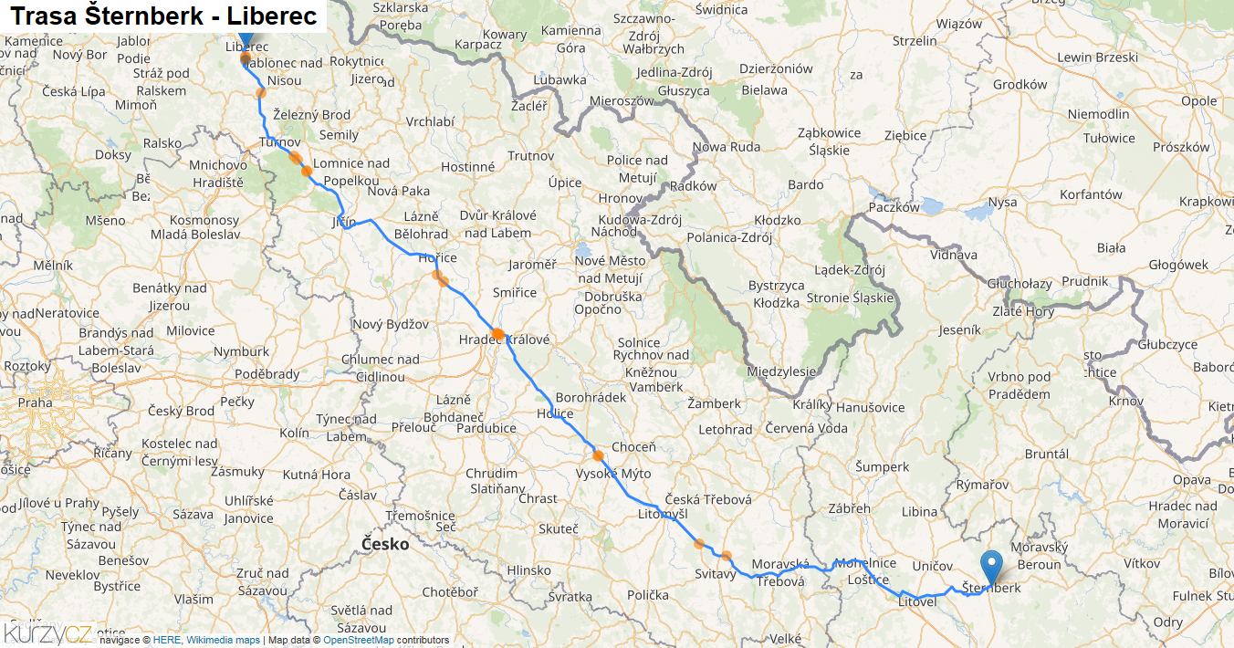 Šternberk-Liberec, mapa trasy