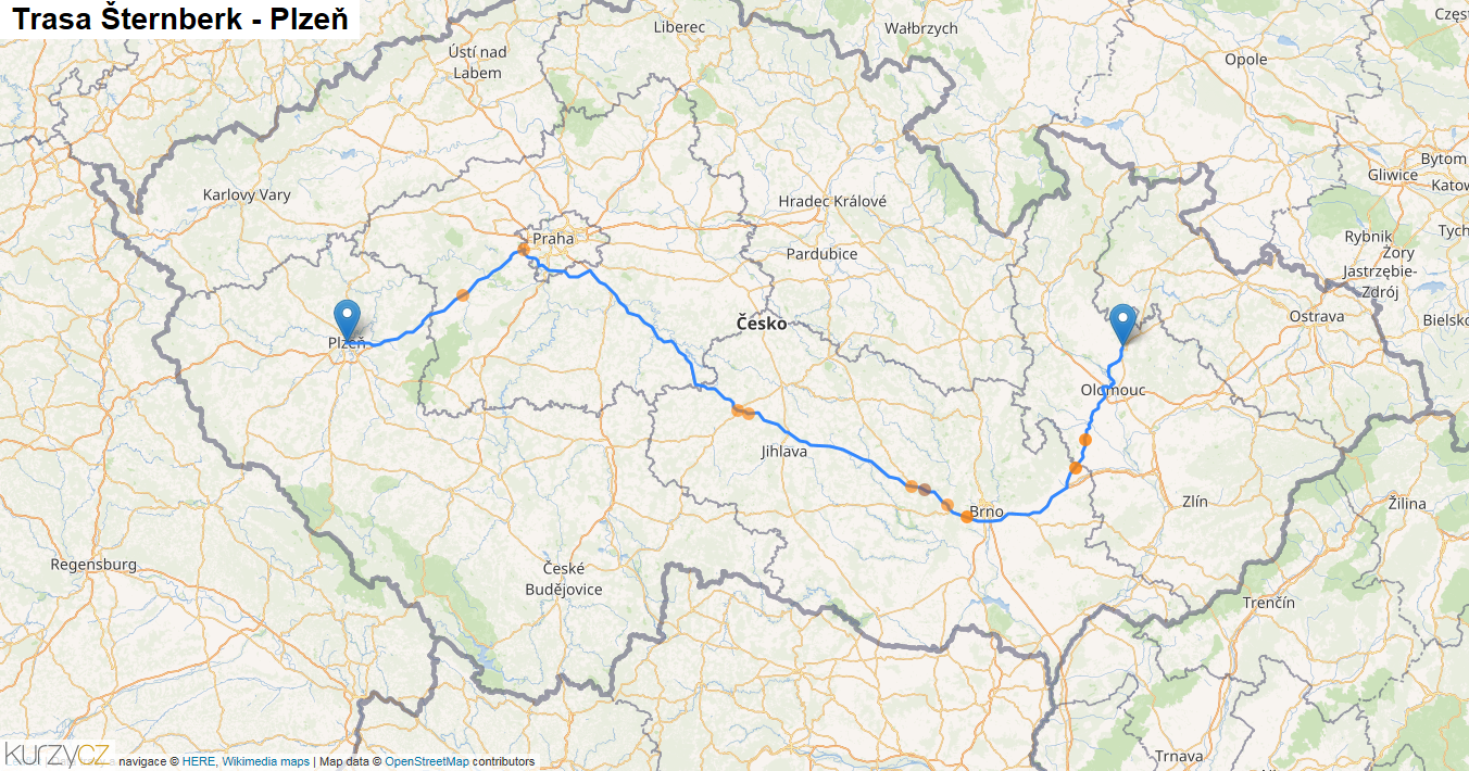 Šternberk-Plzeň, mapa trasy