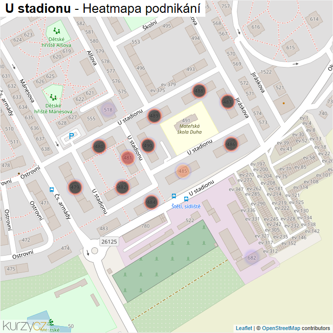 Mapa U stadionu - Firmy v ulici.