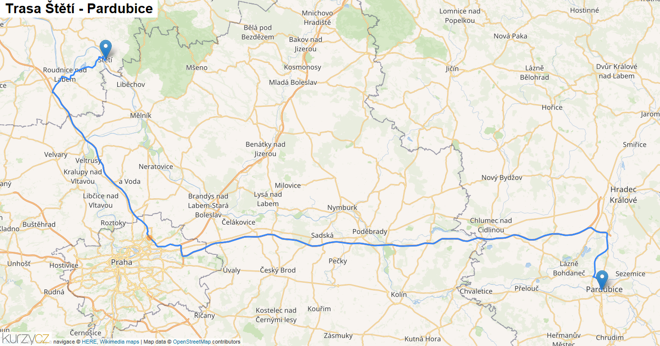 Štětí-Pardubice, mapa trasy