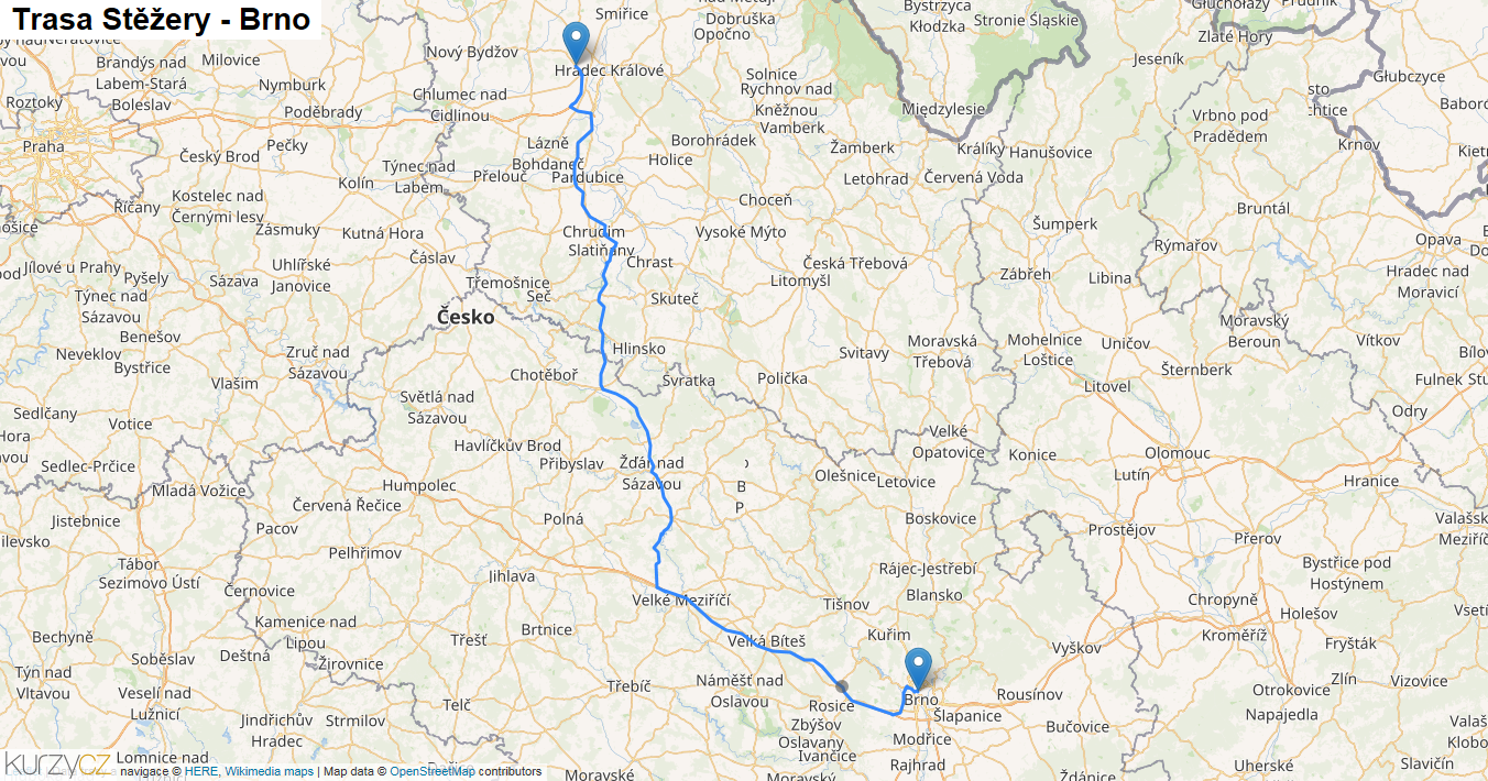 Stěžery-Brno, mapa trasy