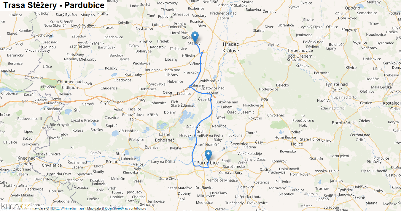 Stěžery-Pardubice, mapa trasy
