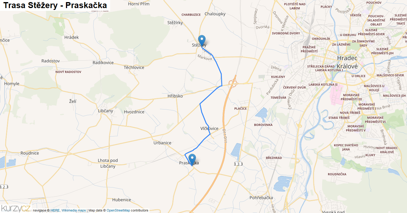 Stěžery-Praskačka, mapa trasy