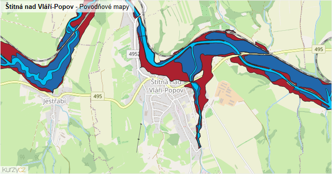 Štítná nad Vláří-Popov - záplavové mapy stoleté vody