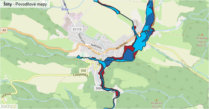 Štíty - záplavové mapy stoleté vody