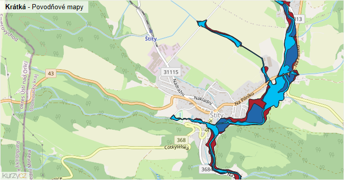 Krátká - záplavové mapy stoleté vody