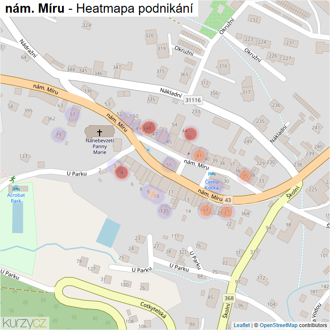 Mapa nám. Míru - Firmy v ulici.