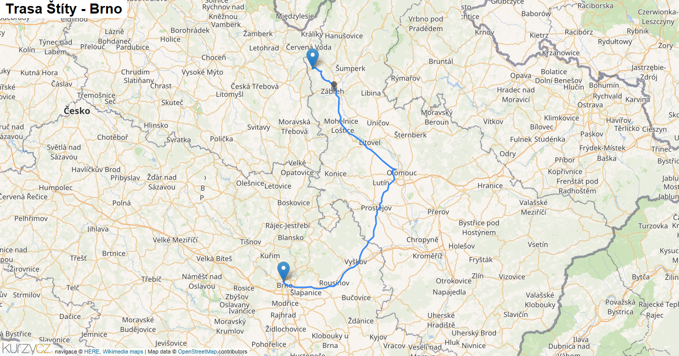 Štíty-Brno, mapa trasy