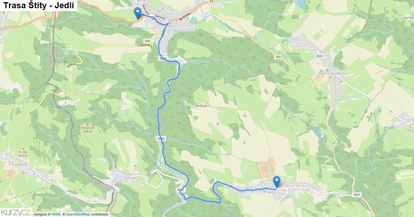 Štíty-Jedlí, mapa trasy