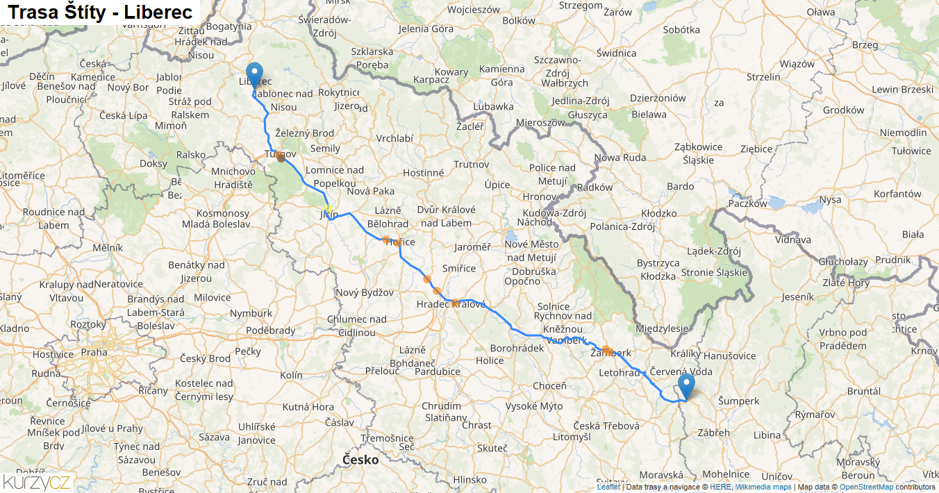 Štíty-Liberec, mapa trasy