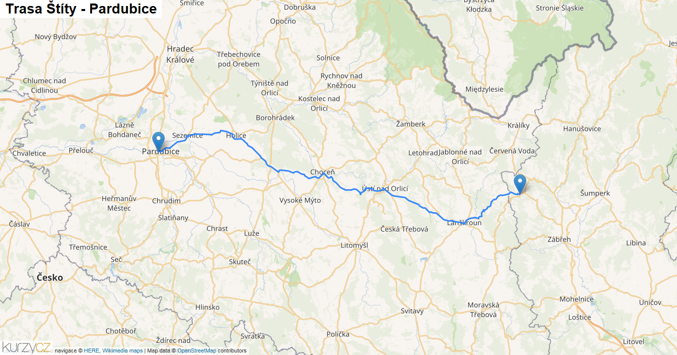 Štíty-Pardubice, mapa trasy