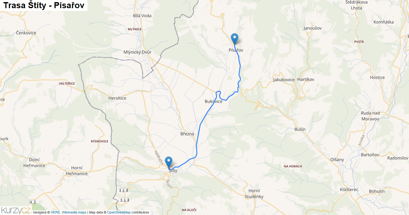 Štíty-Písařov, mapa trasy