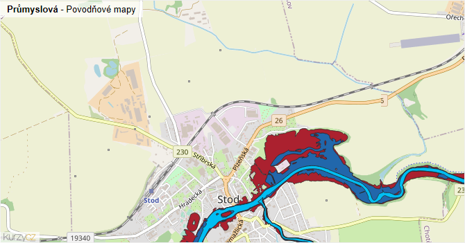Průmyslová - záplavové mapy stoleté vody
