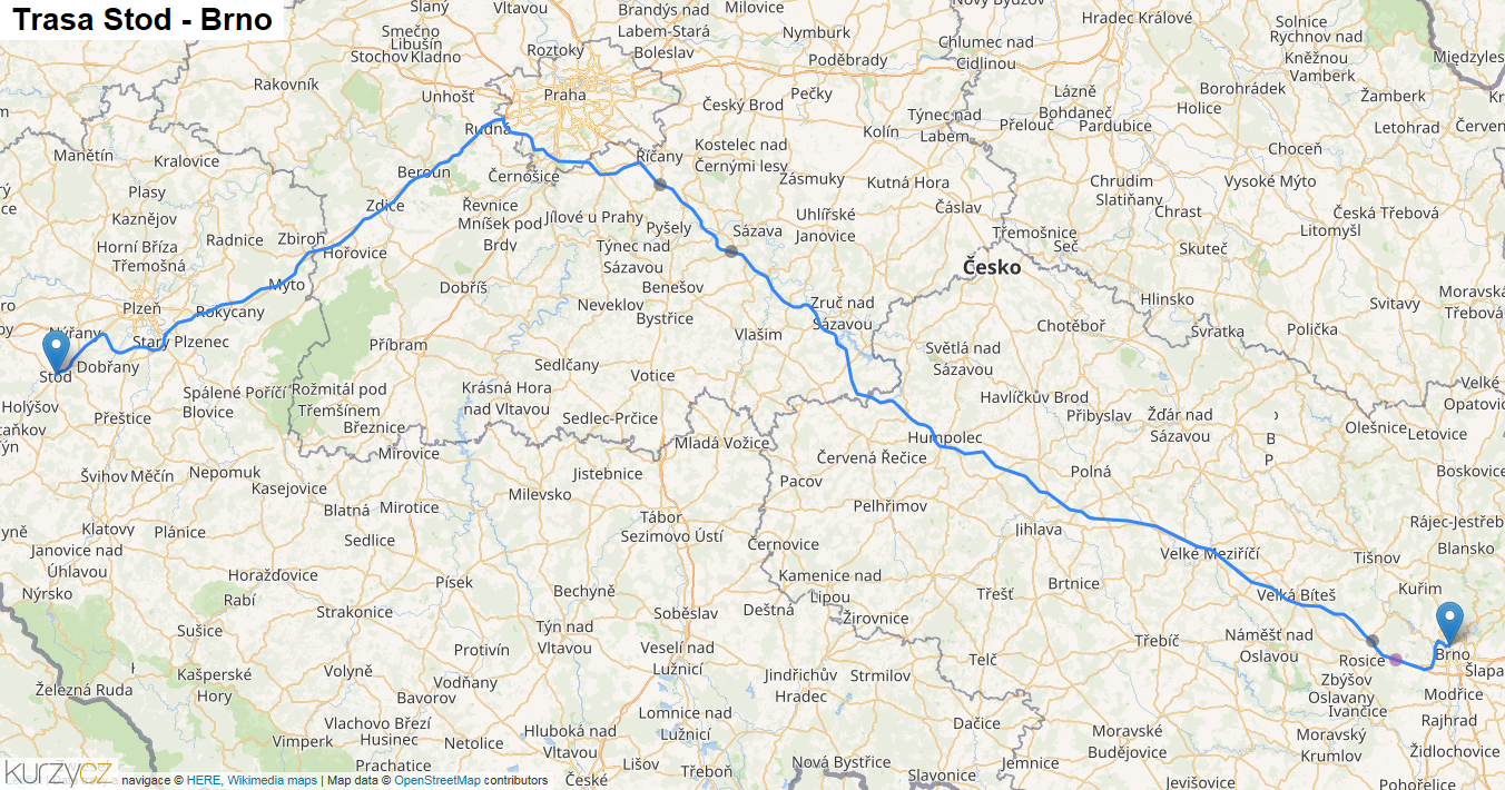 Stod-Brno, mapa trasy
