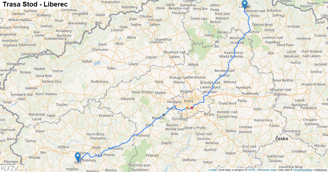 Stod-Liberec, mapa trasy