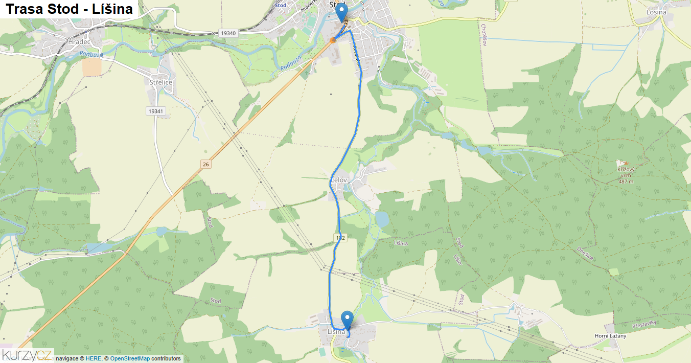 Stod-Líšina, mapa trasy