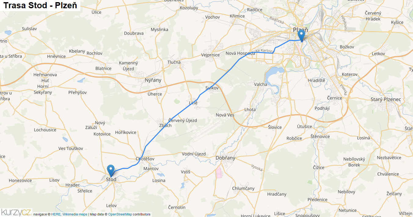 Stod-Plzeň, mapa trasy