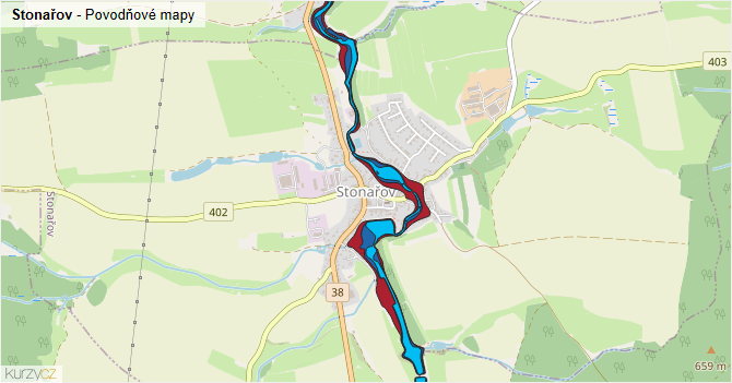 Stonařov - záplavové mapy stoleté vody