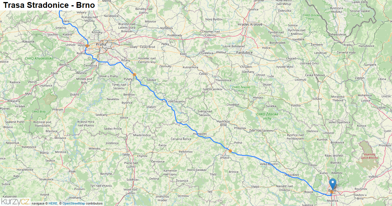 Stradonice-Brno, mapa trasy