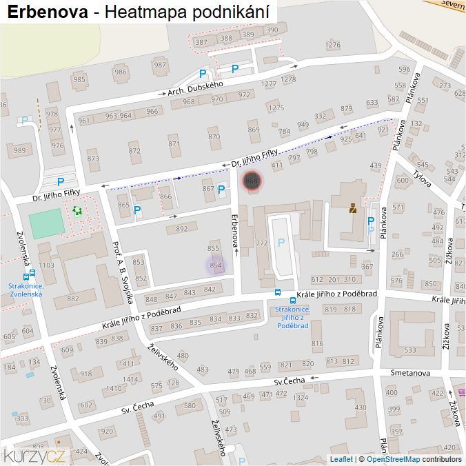 Mapa Erbenova - Firmy v ulici.