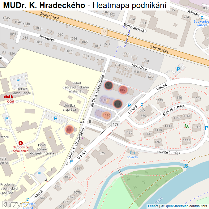 Mapa MUDr. K. Hradeckého - Firmy v ulici.
