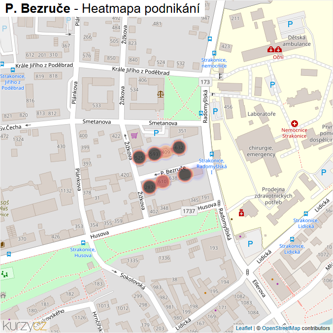 Mapa P. Bezruče - Firmy v ulici.
