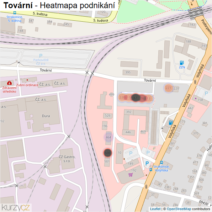 Mapa Tovární - Firmy v ulici.
