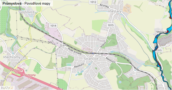 Průmyslová - záplavové mapy stoleté vody