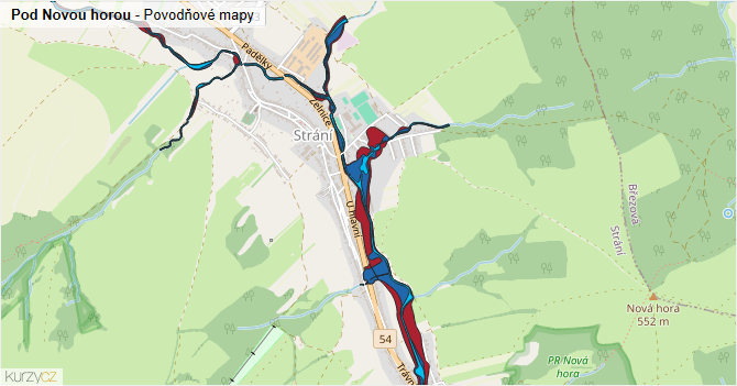 Pod Novou horou - záplavové mapy stoleté vody