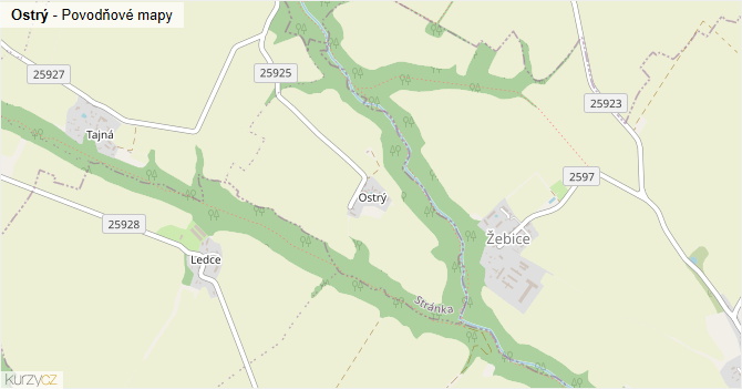 Ostrý - záplavové mapy stoleté vody