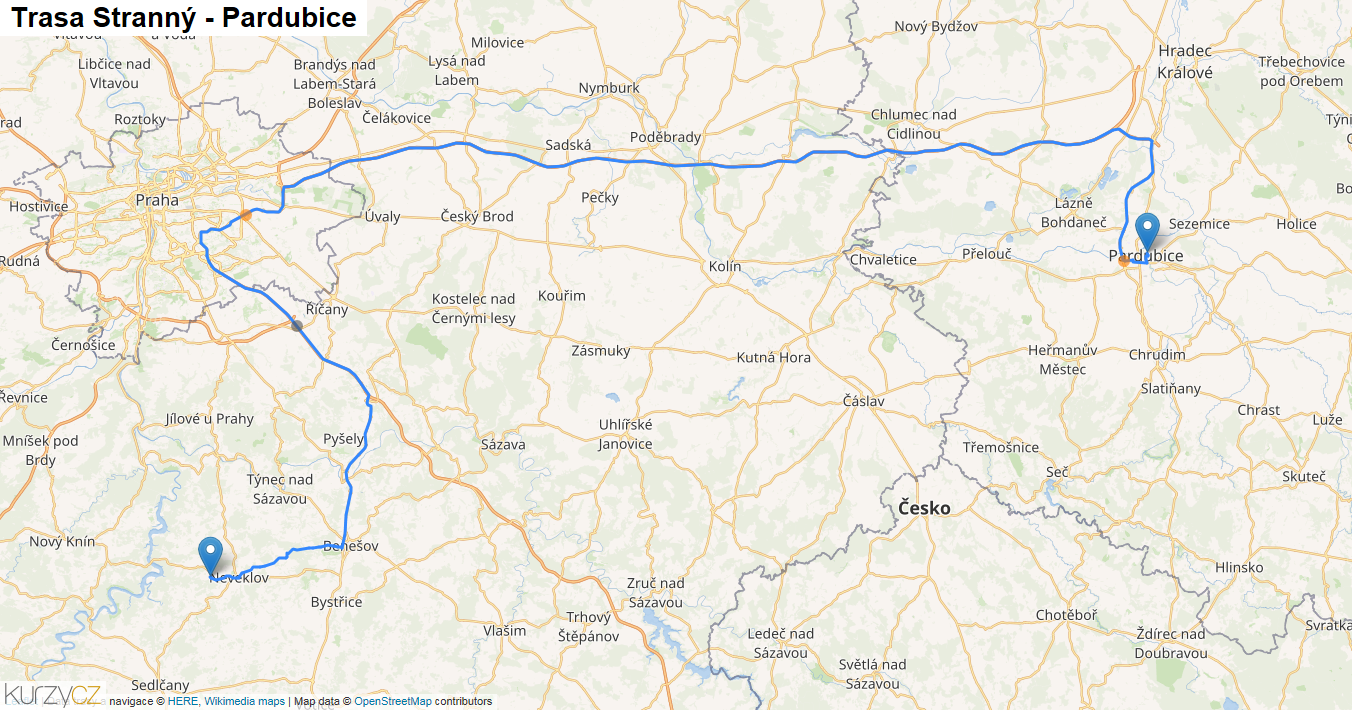 Stranný-Pardubice, mapa trasy