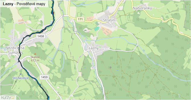 Lazny - záplavové mapy stoleté vody