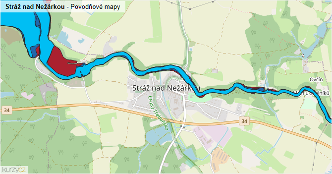 Stráž nad Nežárkou - záplavové mapy stoleté vody