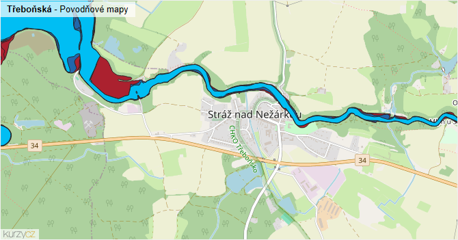 Třeboňská - záplavové mapy stoleté vody