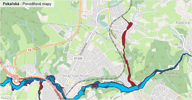 Pekařská - záplavové mapy stoleté vody