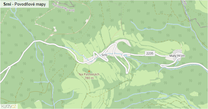 Srní - záplavové mapy stoleté vody