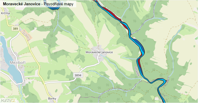 Moravecké Janovice - záplavové mapy stoleté vody