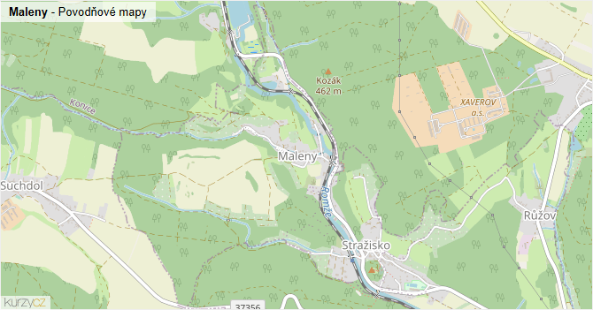 Maleny - záplavové mapy stoleté vody