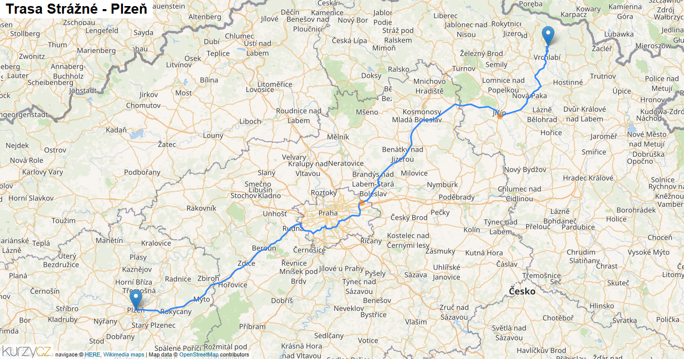 Strážné-Plzeň, mapa trasy