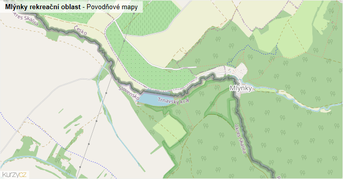 Mlýnky rekreační oblast - záplavové mapy stoleté vody