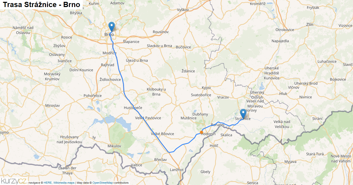 Strážnice-Brno, mapa trasy